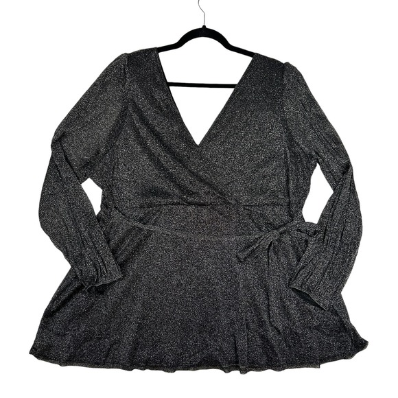 Torrid Size 4 4X Knit Glitter Lurex Surplice Peplum Top Deep Black Metallic - Picture 2 of 10